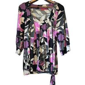 ELLE Floral Print Tie Waist‎ 3/4 Sleeve Tunic Top Pink Black Gray White